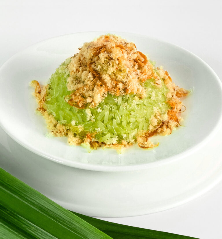 ข้าวเหนียวมูนหน้าปลาแห้ง (Pandan Sticky Rice & Dried Fish) ขนมไทยใบเตยแท้ หยกสด
